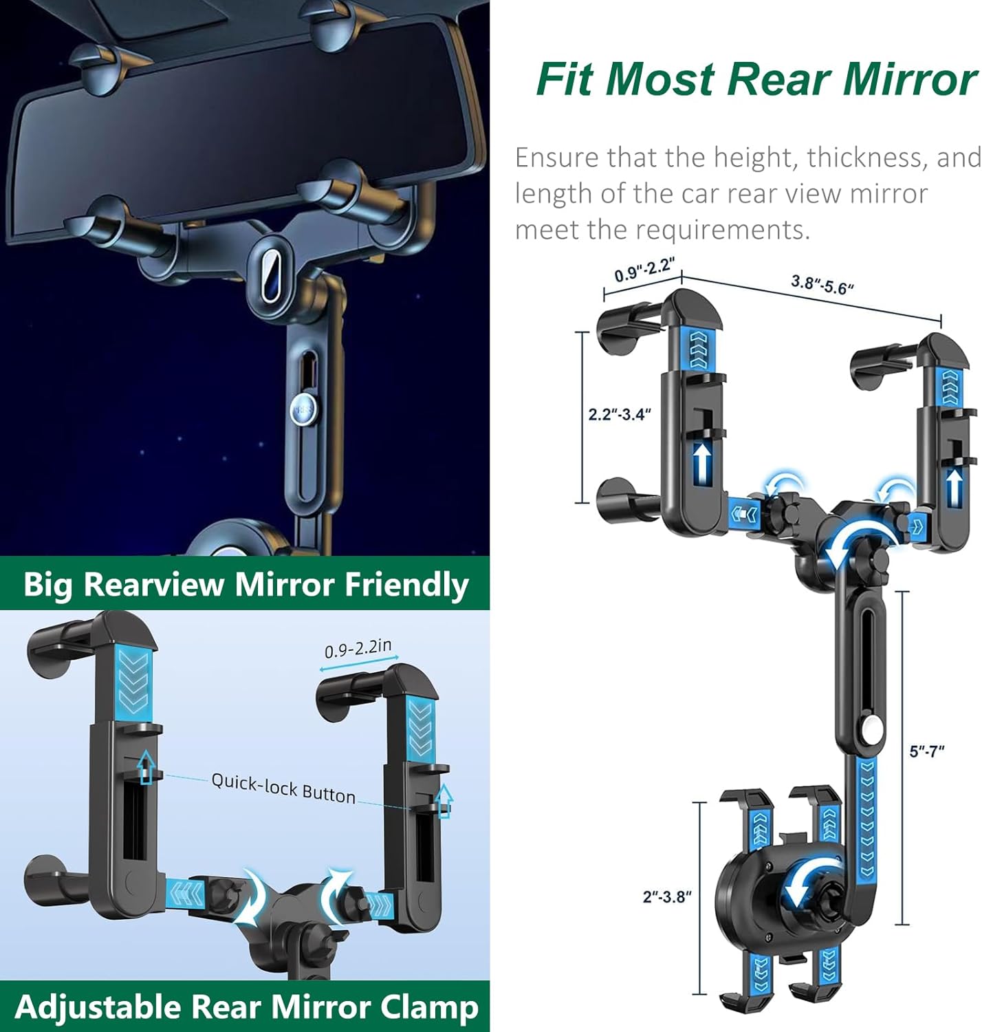 Rearview Mirror Phone Holder for Car, 360° Rotating Rear View Mount with Adjustable Arm Length, Upgraded Four Corners Fixed Anti-Shake Multifunctional Design for All Smartphones