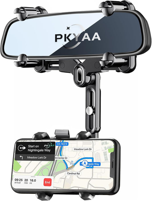 Rearview Mirror Phone Holder for Car, 360° Rotating Rear View Mount with Adjustable Arm Length, Upgraded Four Corners Fixed Anti-Shake Multifunctional Design for All Smartphones