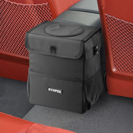 Car Trash Can with Lid - Car Trash Bag Hanging with Storage Pockets, Leakproof Collapsible Garbage Can with Solid Structure Support (Upgraded Version)
