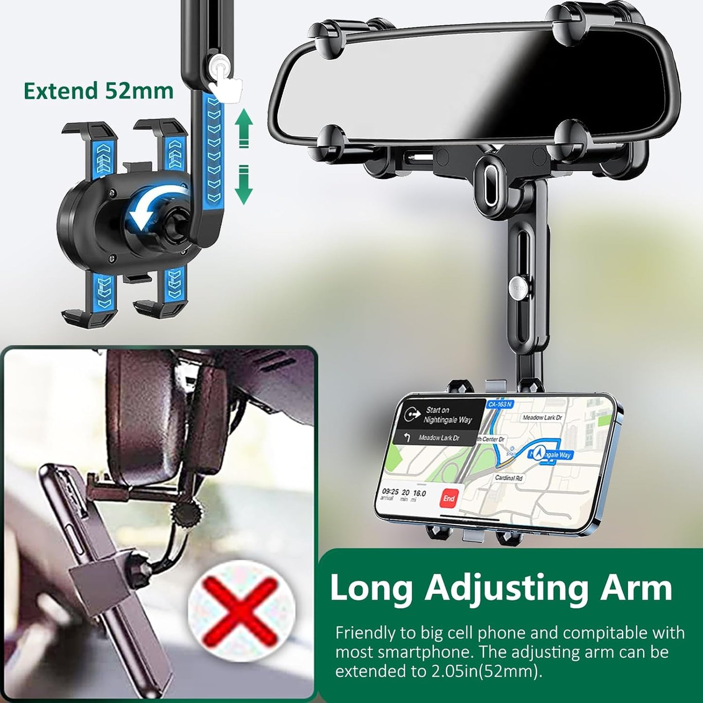 Rearview Mirror Phone Holder for Car, 360° Rotating Rear View Mount with Adjustable Arm Length, Upgraded Four Corners Fixed Anti-Shake Multifunctional Design for All Smartphones
