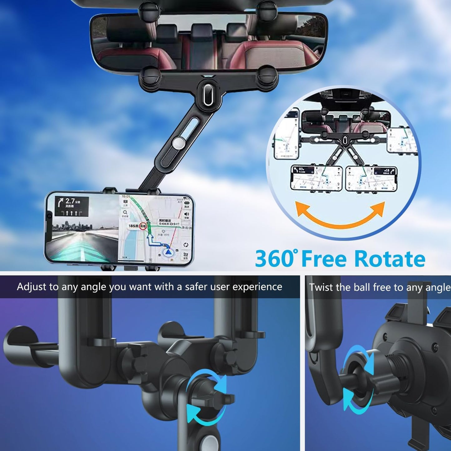 Rearview Mirror Phone Holder for Car, 360° Rotating Rear View Mount with Adjustable Arm Length, Upgraded Four Corners Fixed Anti-Shake Multifunctional Design for All Smartphones